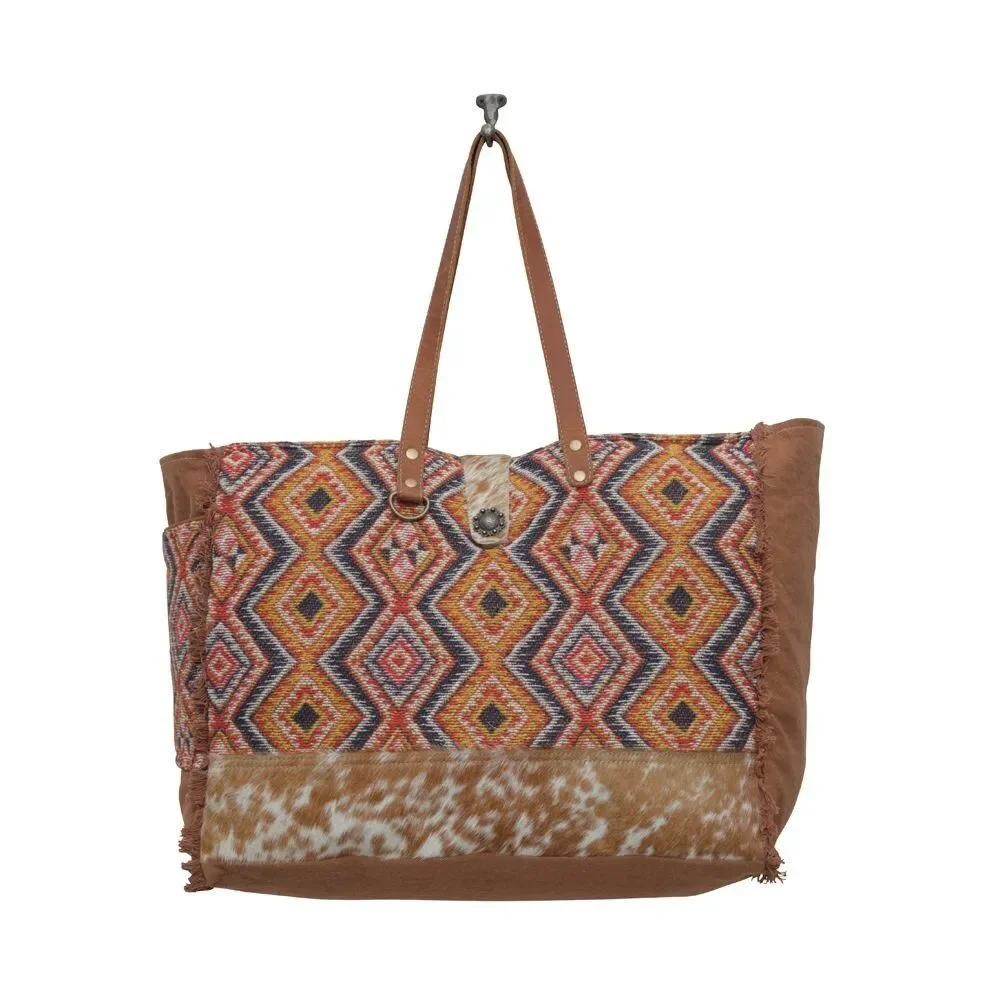 Myra Bag Handmade Geometric Weekender Bag Upcycled Canvas & Cowhide Leather